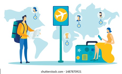 Worldwide Travel, Tourism Flat Vector Illustration. Young Tourists with Luggage Cartoon Characters. Holiday Trip, Seasonal Vacation Trip. Journey Abroad, Voyage Overseas. GPS, Global Navigation