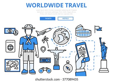 Worldwide travel vacation holiday landmark sightseeing plane ticket booking concept flat line art vector icons. Modern website infographics illustration hero image web banner. Lineart collection.