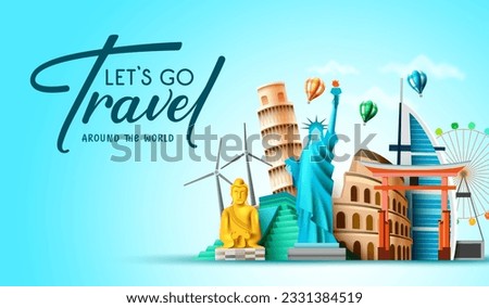 Worldwide travel vector background design. Let's go travel text with around the world tourist destination like america, asia and europe for tourist travelling. Vector illustration.