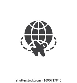 Worldwide travel vector icon. filled flat sign for mobile concept and web design. Globe and airplane flying glyph icon. Symbol, logo illustration. Vector graphics