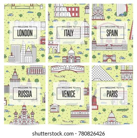 Worldwide traveling posters with famous architectural attractions in linear style. London, Italy, Spain, Russia, Venice, Paris tourism. Travel agency advertising vector illustration, european tour