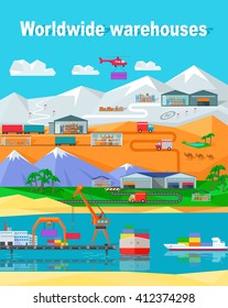 Worldwide warehouse design flat. Logistics container shipping and distribution. Transportation by water in the mountains in the desert and in the snow. Loading and unloading boxes. Vector illustration