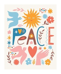 Worls Peace Poster. Lettering, Dove Of Peace , Flowers, Sun, Symbols Of Peace