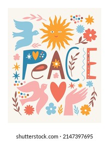 Worls peace poster  Lettering  dove peace   flowers  sun  symbols peace