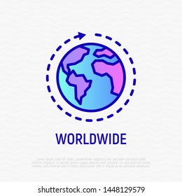 Worlwide shipping thin line icon: globe with arrow. Modern vector illustration for delivery service or logistic company.