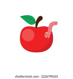 Worm and apple. Cartoon caterpillar character digging hole in red sweet fruit. Insect eating garden natural food. Little crawling animal. Funny maggot with happy face. Vector illustration eps 10