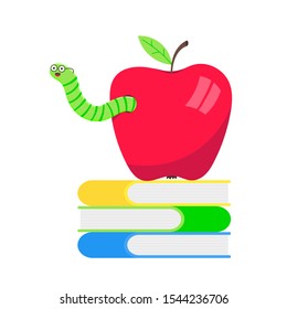 Worm with apple cartoon character icon sigh. Worm with face expression smilling pop up above the apple standing on the books flat style design vector illustration. Crawling animal creature.