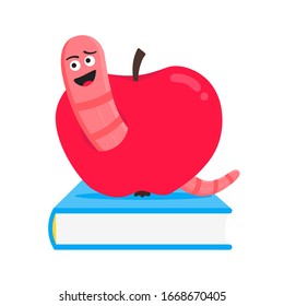 Worm with apple cartoon character icon sigh. Worm with face expression smilling pop up above the apple standing on the books flat style design vector illustration. Crawling animal creature.