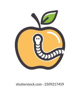 Gusano en una manzana. Una ilustración de dibujos animados de un gusano en una manzana. La Imagen simboliza peligros ocultos y la importancia de ser cauteloso.