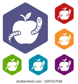 Worm apple icons vector colorful hexahedron set collection isolated on white