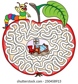 Worm in an apple - maze for kids. Help a worm to find a correct way into his room.