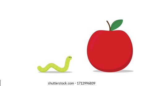 Worm and apple on white background. worm vector. wallpaper. free space for text. copy space.