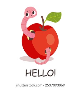 Worm and apple. Printable card with funny worm in red fruit. Fresh product, insect eating organic food. Funny decorative design nowaday vector character