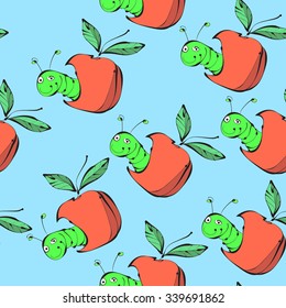 The worm and the Apple. Vector bright seamless pattern