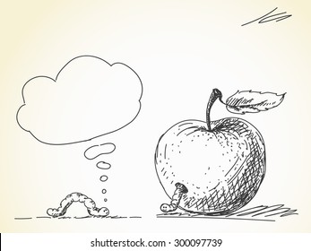 Worm and apple, Vector sketch, Hand drawn illustration