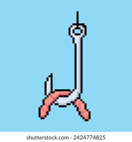 Worm bait on fishing hook, tackle, or lure. Pixel bit retro game styled vector illustration drawing. Simple flat cartoon drawing isolated on blue square background.