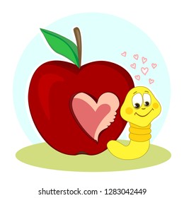 A worm and a bitten Apple. Love and the heart. Valentine's day. Postcard with a funny character. I miss you. Vector illustration.