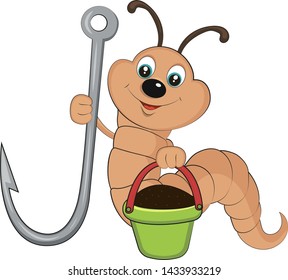 a worm with a bucket and a fishing hook isolated on white background