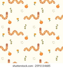 Worm cartoon so cute. On orange flower background. Pattern seamless vector illustration. 