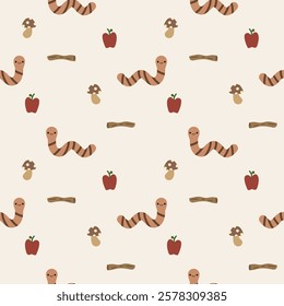 Worm cartoon so cute. On timber mushroom apple background. Pattern seamless vector illustration. 