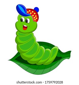 
Worm cartoon on top of a green leaf.Cartoon of a worm