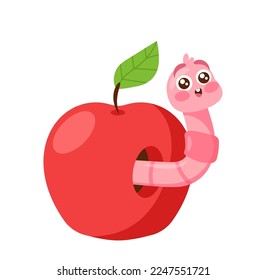 Worm or Caterpillar Cartoon Character Stick Out of Garden Apple. Earth or Soil Earthworm Insect. Nature Creature, Orchard Invertebrate Worm in Fruit Isolated on White Background. Vector Illustration