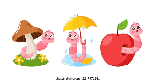 Worm or Caterpillar Stick Out of Garden Apple, Sitting on Mushroom and Holding Umbrella in Rainy Day. Earth or Soil Earthworm Insect in Garden Isolated on White Background. Cartoon Vector Illustration