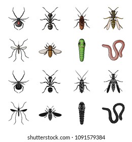 Worm, centipede, wasp, bee, hornet .Insects set collection icons in black,cartoon style vector symbol stock illustration web.