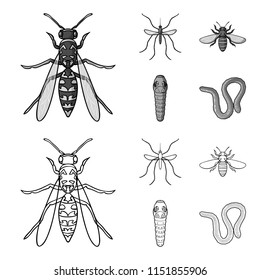 Worm, centipede, wasp, bee, hornet .Insects set collection icons in outline,monochrome style vector symbol stock illustration web.