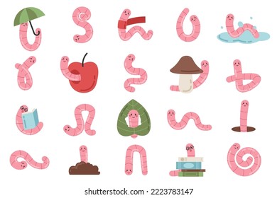 Worm character. Cartoon earthworm mascot with big eyes and cute faces in mushroom, water, apple, green leaf. Reading book rain worm element. Flat vector illustration