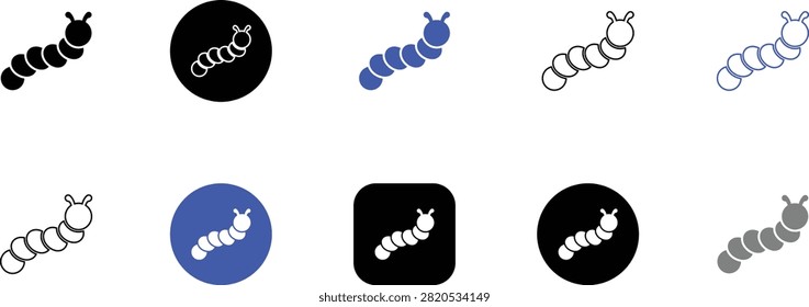 Worm character illustrations including outline and filled styles with circular background variations for nature apps.