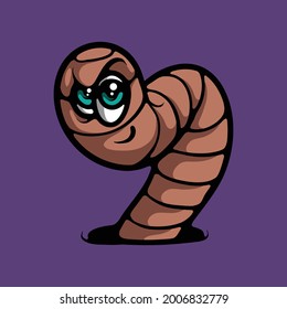 Worm Coming Out From A Hole. Animal Character Vector Illustration Isolated On Purple Background