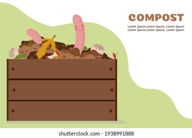 a worm in a compost wooden box is happy to recycle food waste. Organic recycling banner concept. Vector image vermicomposting.