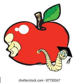 A worm crawling out of an apple.