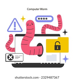 Ciberataque de gusanos. Portátil infectado con malware de gusanos de computadora. Los sistemas informáticos se auto-replican y difunden de forma autónoma. Ilustración vectorial plana