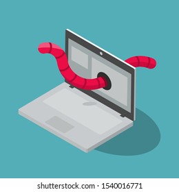 Worm cyber attack symbol with laptop and red worm, isolated on blue background. Flat design, easy to use for your website or presentation.