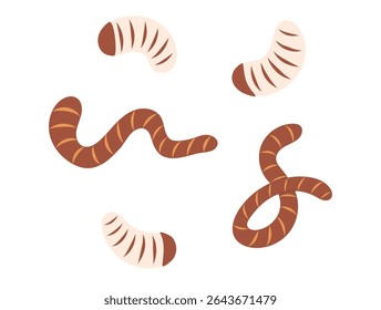 Minhocas, minhocas e larvas de mosca. Isca de pesca. Isca de ângulo. Ilustração de vetor plano desenhada à mão isolada no fundo branco