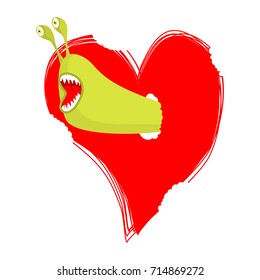 Worm eats love. Parasites pest in heart
