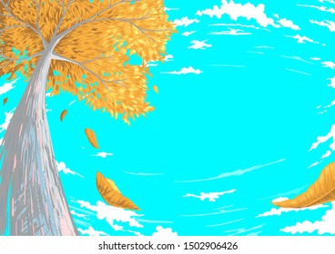 Worm eye view yellow tree on light blue sky background. In the autumn. Colored drawing vector illustration.