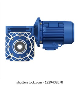 Worm gear motor with electric motor. Vector illustration on white background. Isolated image. 3D