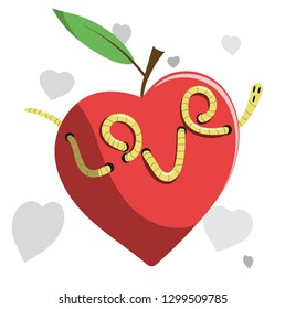 The worm gnaws an apple in the shape of a heart.  Vector illustration.