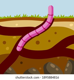 Worm in the ground. Burrows and passages. Nature and the insect. Soil in the section. Flat cartoon illustration