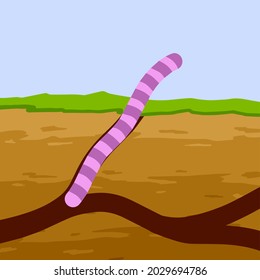 Worm in ground. Spring concept. Burrows and passages. Nature and insect. Soil in section. Flat cartoon illustration