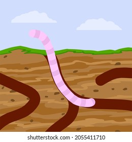 Worm in ground. Spring concept. Burrows and passages. Nature and insect. Soil in section. Flat cartoon illustration