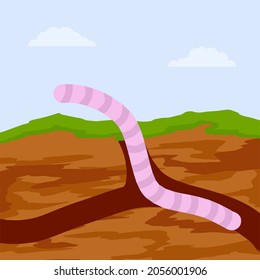 Worm in ground. Spring concept. Burrows and passages. Nature and insect. Soil in section. Flat cartoon illustration