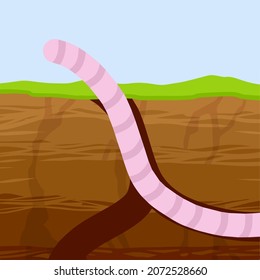 Worm in ground. Spring concept. Burrows and passages. Nature and insect. Soil in section. Flat cartoon illustration