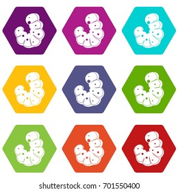 Worm icon set many color hexahedron isolated on white vector illustration