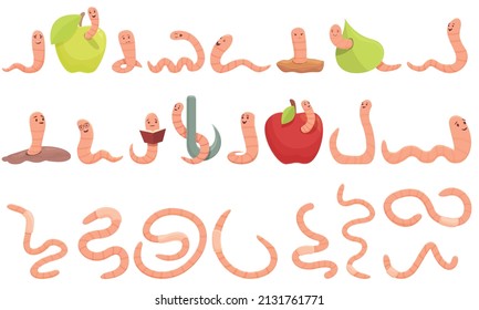 Worm icons set cartoon vector. Animal bait. Funny bookworm