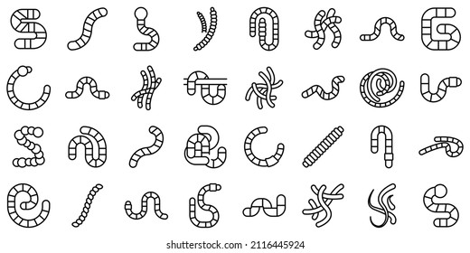 Worm icons set outline vector. Animal bait. Bookworm caterpillar