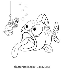 Worm, impaled on a hook while fishing, trying to scare the fish's teeth grin. Coloring book .